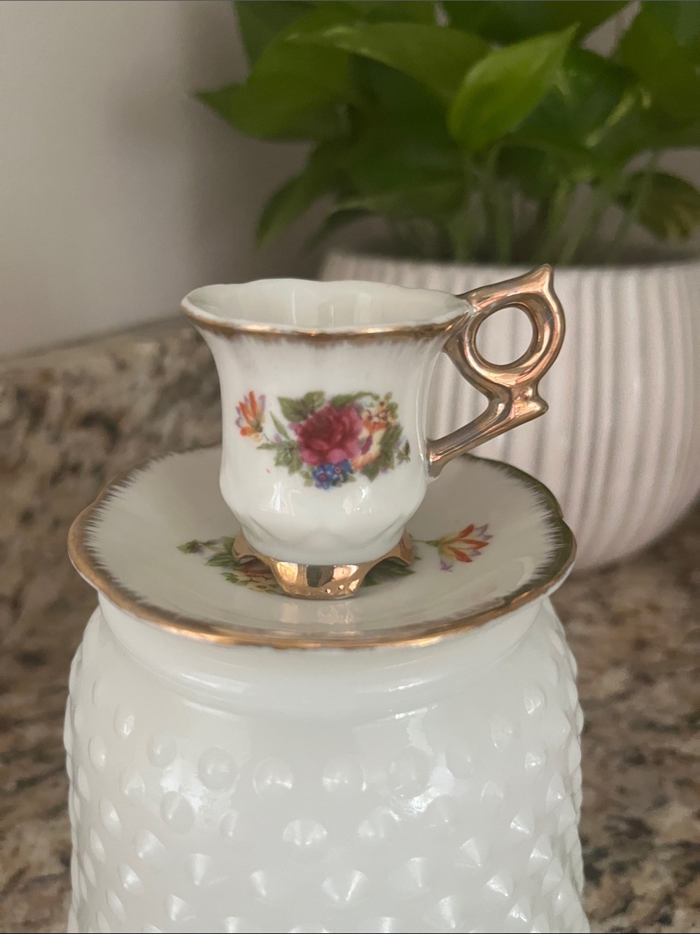 Vintage White Floral Mini Japan Cup and Saucer with Gold Trim